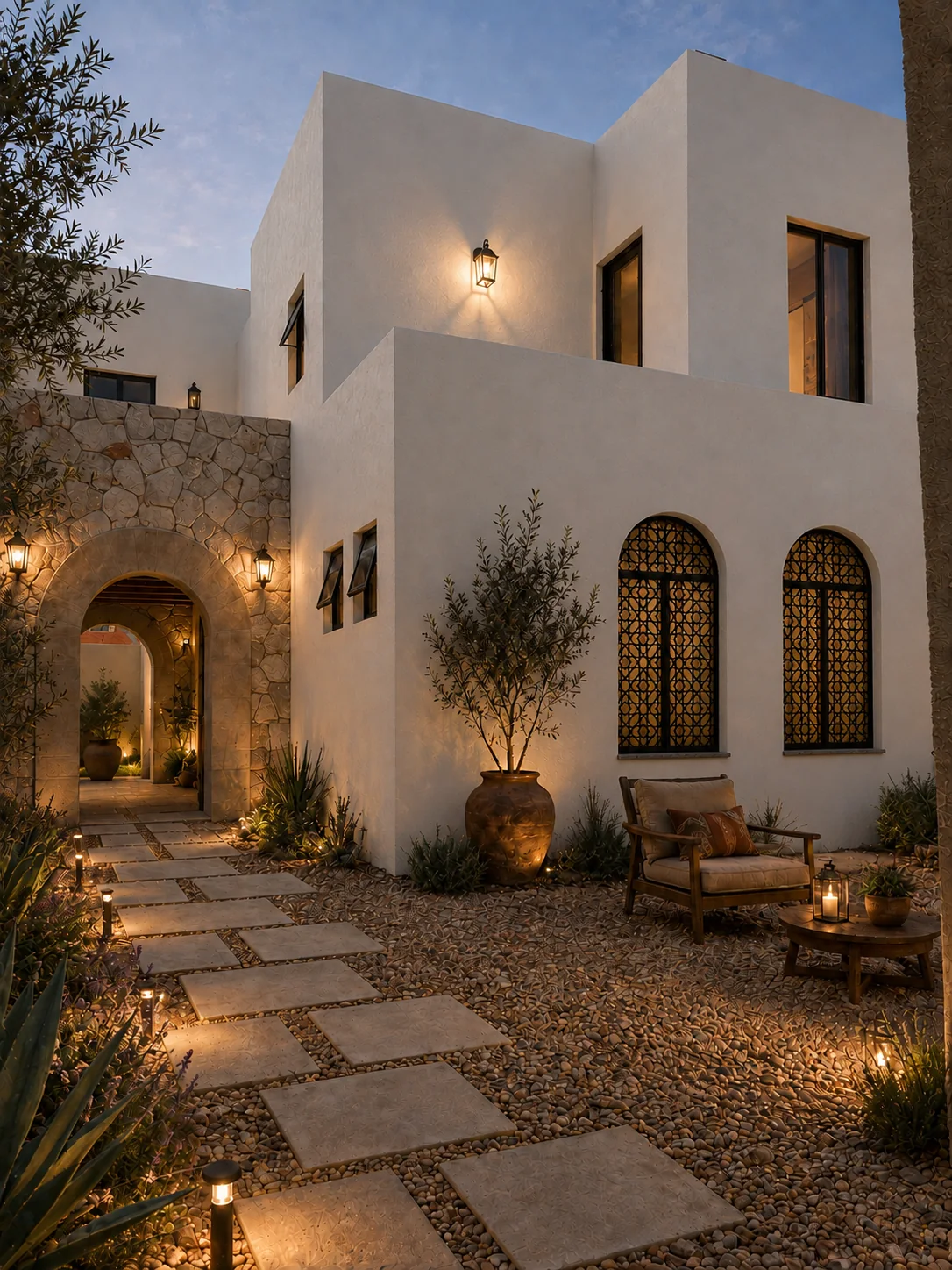 Casa Lejona al anochecer: fachada iluminada, celosías de herrería encendidas y patio con olivo — obra de LAMGO en San Miguel de Allende